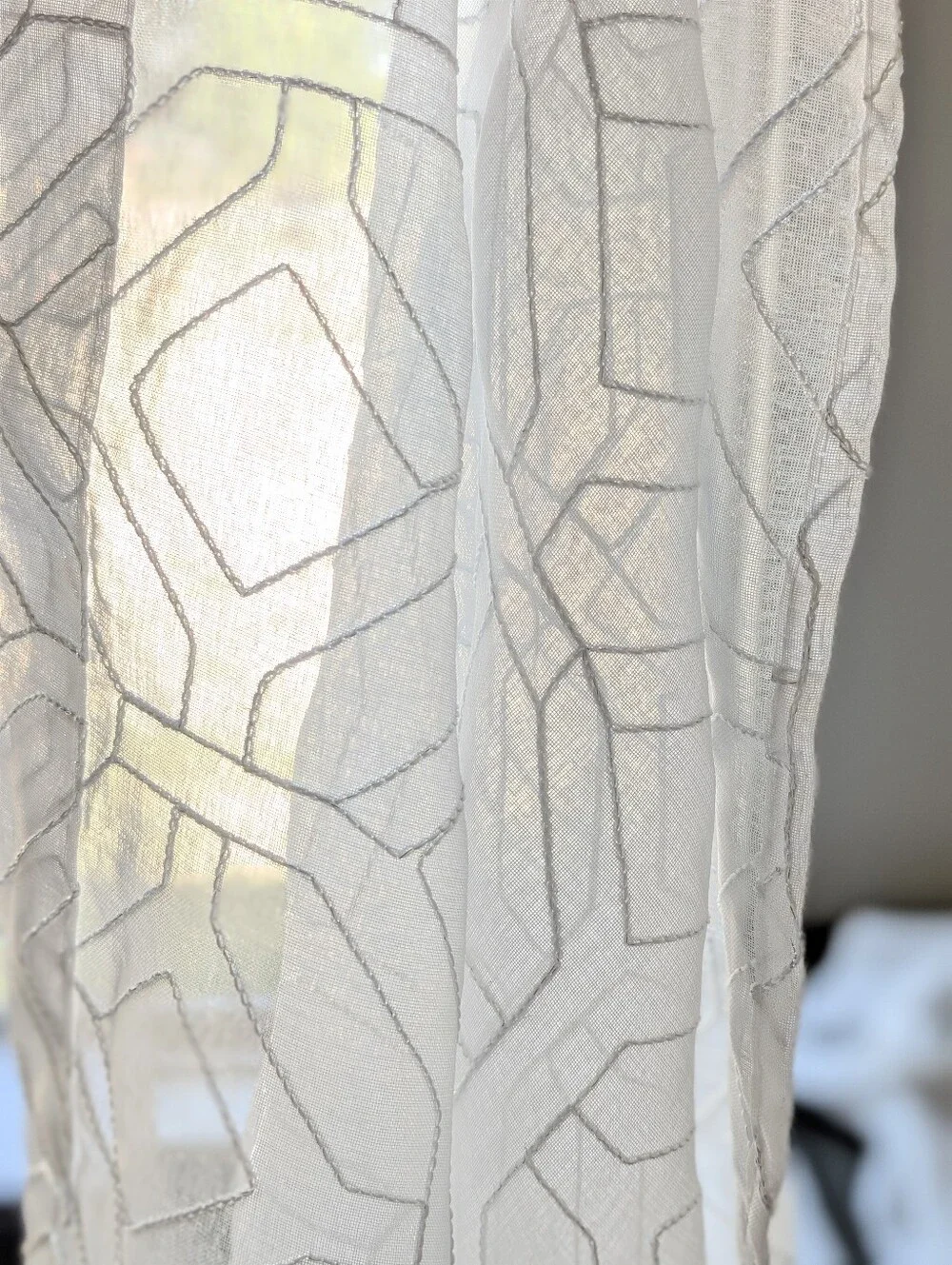 4 White Sheer Curtain Panels 82x32 Metallic Embroidered Geometric Grommet Top
